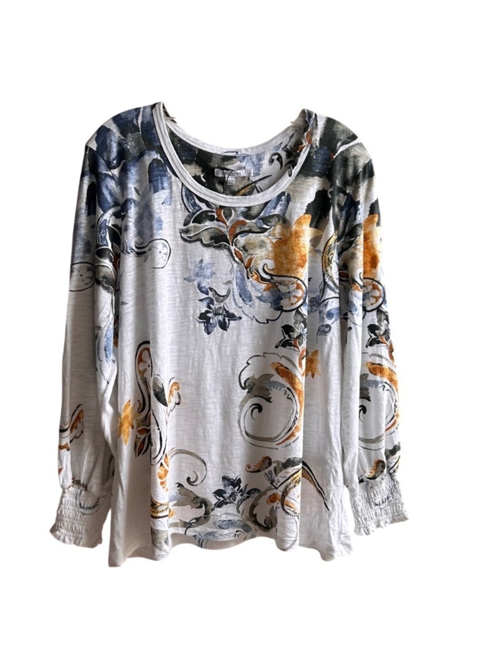 NWOT Chico's Floral Print Lightweight Long Sleeve Crew Neck Cotton Blend Top XL